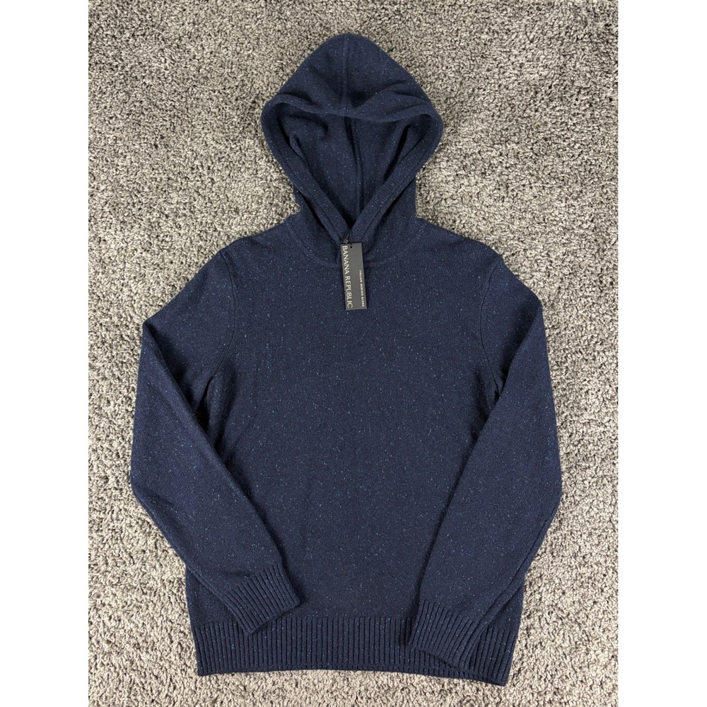 Banana Republic Mens Italian Merino Wool Blend Donegal Hooded Sweater Navy S NWT